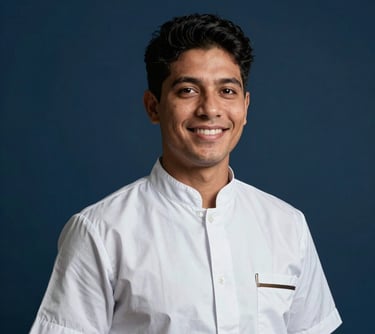 Portrait of a hospitality professional in elegant, minimalist attire, set against a deep navy blue background. South American / Brazilian context, soft professional lighting, sophisticated and welcoming expression.