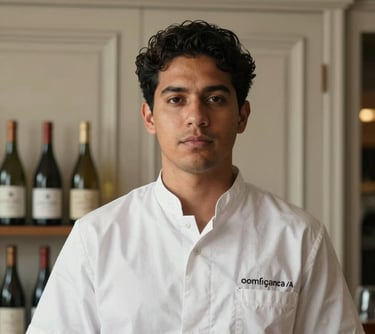 Portrait of a professional beverage specialist, South American / Brazilian, with a background of elegant cabinetry in a sophisticated setting. Soft lighting highlights a sense of expertise and calm.