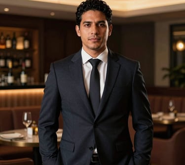 Portrait of a sophisticated sommelier in a professional dark suit, South American / Brazilian, standing in a refined lounge environment. Lighting is warm and focused, with deep navy shadows.