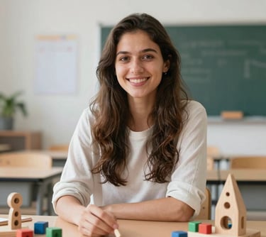 Portrait of a young, energetic French educator in a modern classroom. She is smiling, surrounded by high-quality wooden toys. The setting is clean and high-end.