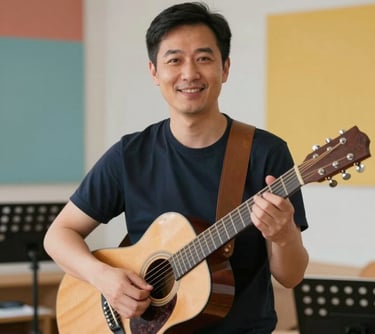 Portrait of a male music teacher holding a small acoustic guitar. He has a friendly, professional expression. The background is a modern music room with brand colors visible in the details.