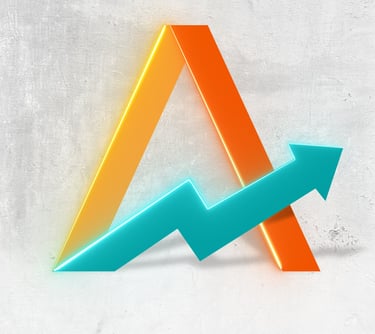 A 3D orange letter A logo with a blue upward-pointing growth arrow on a gray concrete background.