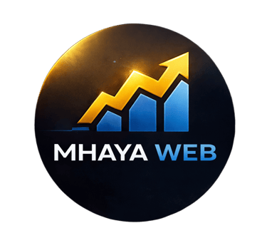 Logotipo de Mhaya Web que muestra un gráfico de barras azules ascendentes con una flecha dorada