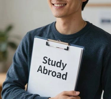 A professional portrait of a person smiling, holding a folder with 'Study Abroad' written on it, representing success in PTE/IELTS guidance. The lighting is bright and clean.