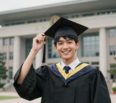 A happy student holding a graduation cap in front of a modern university building, symbolizing the successful completion of the student visa journey.