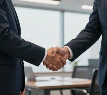 A professional in business attire shaking hands in a bright office, representing the successful acquisition of a work visa or skilled migration status.