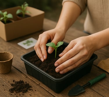 Unas manos plantan una planta en una maceta