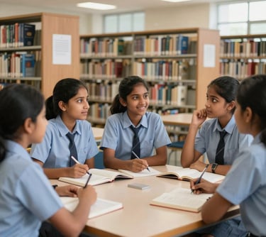 A group of South Asian girls in school uniforms engaged in an animated academic discussion in a bright, modern school library filled with books.