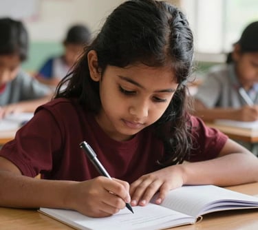 A close-up photograph of a South Asian girl's hands neatly writing in a notebook during a lesson, with a focused and studious atmosphere. Natural light falls across the desk.
