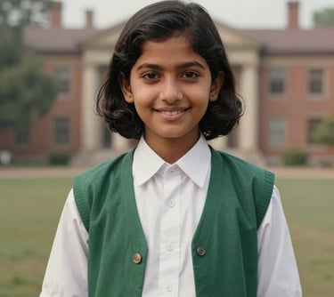 A vintage-style portrait of a South Asian girl in a traditional white school uniform with a green blazer, looking confident and smiling. The background is a soft-focus historic campus.