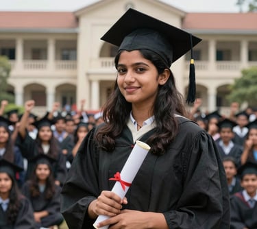 A candid shot of a South Asian female student graduating, holding a scroll, with a backdrop of a classic Pakistani school building and cheering classmates.