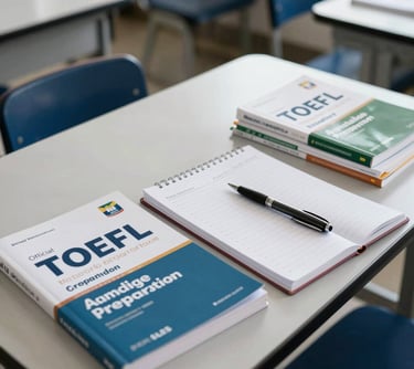 Official TOEFL and Cambridge preparation guides with an open notebook and a pen, organized on a study table in a bright South American / Brazilian classroom.