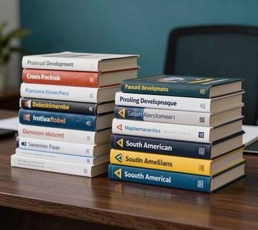 A collection of professional development and management books stacked neatly on a designer desk, South American / Brazilian office style, with a teal accent wall.