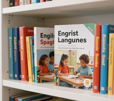 Vibrant language textbooks for English and Spanish learning, displayed on a clean white shelf, modern South American / Brazilian educational style.