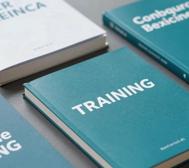 A set of corporate training manuals and leadership books in a professional Brazilian business setting, featuring clean typography and teal colors.