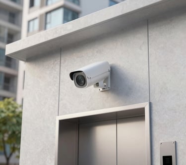 Modern security camera mounted on a building exterior at dusk.