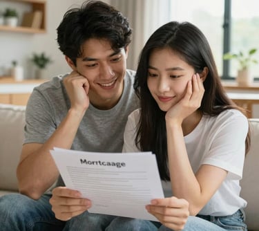 A happy young couple in a bright, modern living room in a Southern European home, looking at digital mortgage documents with an expression of relief and confidence.