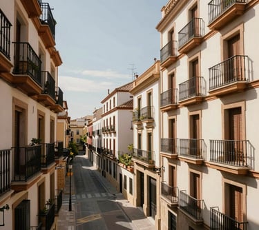 A wide shot of a beautiful modern apartment balcony in Spain overlooking a traditional street, captured with warm sunlight and professional architectural photography style.