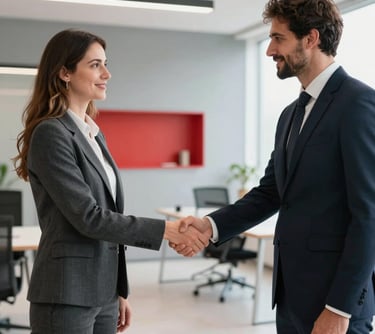 Two professionals in Southern European business attire shaking hands in a bright, contemporary Spanish office space with minimalist red and gray decor.