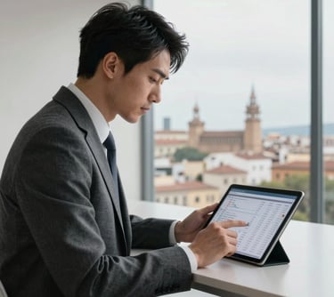 A sophisticated professional in a charcoal gray suit looking at a digital tablet with financial data in a minimalist office overlooking a Spanish city skyline.