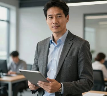 Professional portrait of a male logistics and supply chain manager in a modern office, holding a tablet. High-end business attire, focused and reliable expression. North American and European professional setting.