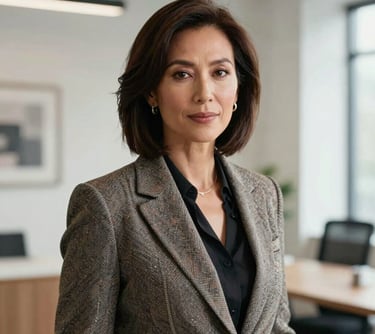 Professional portrait of a female creative director in her 40s, wearing a stylish blazer, in a bright design studio. North American and European executive style, elegant and confident.