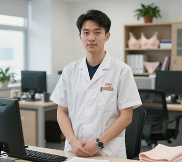 Professional portrait of a male quality control inspector wearing a clean laboratory coat in a textile testing lab. Serious and meticulous, emphasizing quality assurance. North American and European standards.
