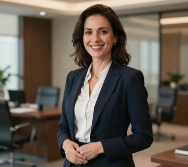 Professional portrait of a female international sales manager in a luxury corporate office, smiling warmly. Elegant business look, trustworthy and professional. North American and European business aesthetic.