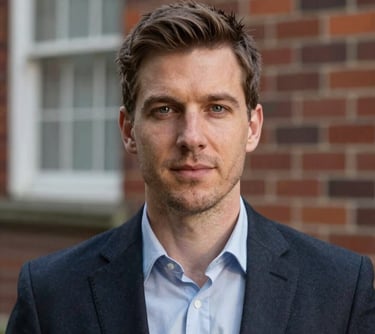Professional headshot of a person in business attire, Northern European / British appearance, standing against a blurred background of a classic brick wall and large window.
