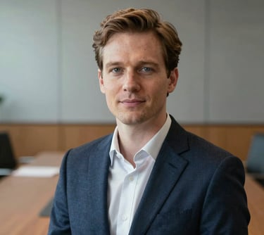 Professional headshot of a person in elegant professional clothing, Northern European / British appearance, in a boardroom setting with subtle steel blue and tan tones.