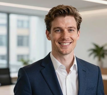 Professional headshot of a person in a sharp navy suit, Northern European / British appearance, smiling confidently in a bright, modern London real estate office.