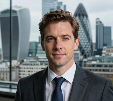 Professional headshot of a person in business attire, Northern European / British appearance, with the London financial district skyline visible through the window behind them.
