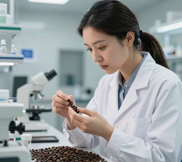 A professional portrait of an East Asian / Chinese woman in a lab coat, inspecting coffee beans in a clean, modern quality control laboratory. The lighting is bright and clean.