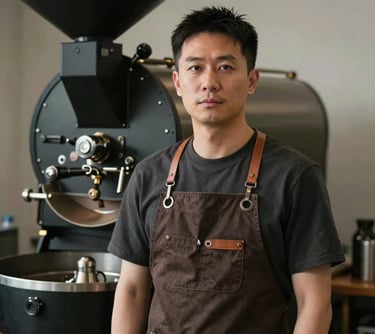 A professional portrait of an East Asian / Chinese man in a dark brown apron, standing in front of a high-end coffee roasting machine. He looks proud and experienced.