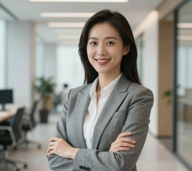 A professional portrait of an East Asian / Chinese woman in corporate attire, smiling confidently in a modern, bright office hallway. The lighting is soft and professional.
