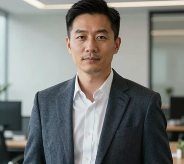 A professional portrait of an East Asian / Chinese man in a smart-casual blazer, looking directly into the camera in a modern office. Sophisticated and trustworthy expression.
