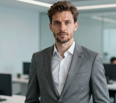 Professional portrait of a man in a modern gray suit, Central European professional appearance, focused and authoritative expression, setting in a high-tech office with light blue accents.