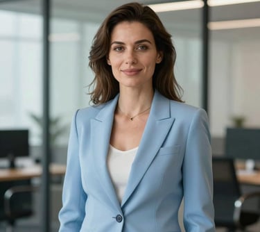 Professional portrait of a woman in a light blue blazer, Central European professional look, friendly yet authoritative, modern office setting with glass elements.