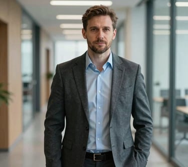 Professional business portrait of a man in semi-formal attire, Central European / Polish style, standing in a brightly lit modern office corridor with subtle reflections.