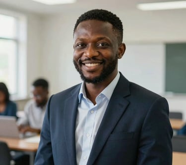 Portrait of a technology researcher smiling warmly in a bright academic setting, capturing a Nigerian / West African and Global Academic style. Prestigious, structured, clean composition.