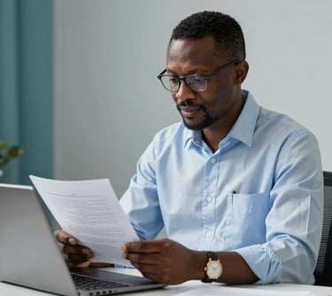 Portrait of a distinguished science educator reviewing digital manuscripts in an office, portraying a Nigerian / West African and Global Academic researcher. Clean slate-gray and teal background, bright lighting.
