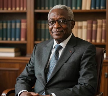 Portrait of a senior academic editor sitting in an elegant study, representing a Nigerian / West African and Global Academic leader. Professional attire, warm natural light, bookshelves in the background, scholarly and prestigious feel.