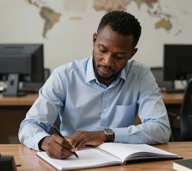 Portrait of an associate academic editor writing notes at a clean wooden desk, set in a Nigerian / West African and Global Academic department. Professional and scholarly look, soft studio lighting.
