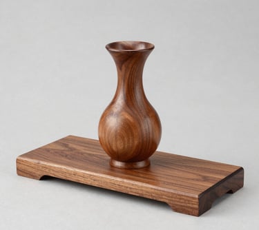 A sleek, modern vase with a smooth matte finish sitting on a wooden shelf against a soft neutral wall.
