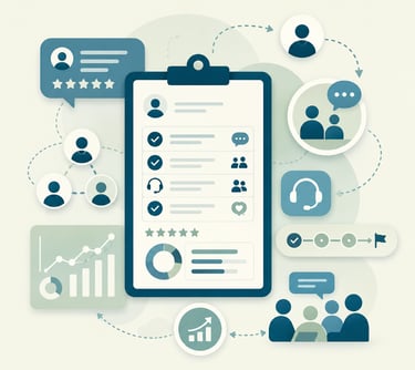 A business illustration showing a customer management clipboard with data analytics, user feedback, and support icons.