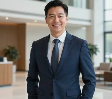 A professional portrait of a male executive in a sharp navy blue suit, standing in a bright North American corporate office lobby. He has an authoritative and welcoming expression.