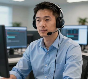 A professional portrait of a male freight broker wearing a headset and a light blue shirt, sitting in a modern US-based office with digital displays in the blurred background.