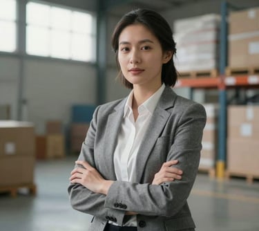 A professional portrait of a female logistics manager in a business casual outfit, standing in a clean, modern warehouse environment with soft natural lighting coming from high windows.
