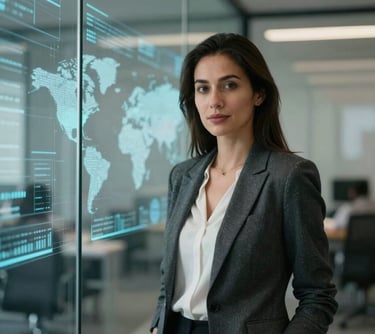 A professional portrait of a female data analyst in a smart-casual blazer, standing in front of a glass wall with digital data and map overlays reflected subtly in the glass.