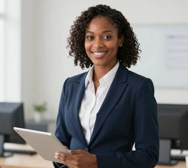 A professional portrait of a male lawyer in a blue tie and suit, South American / Brazilian setting, leaning against a bookshelf filled with law books, looking professional and trustworthy.
